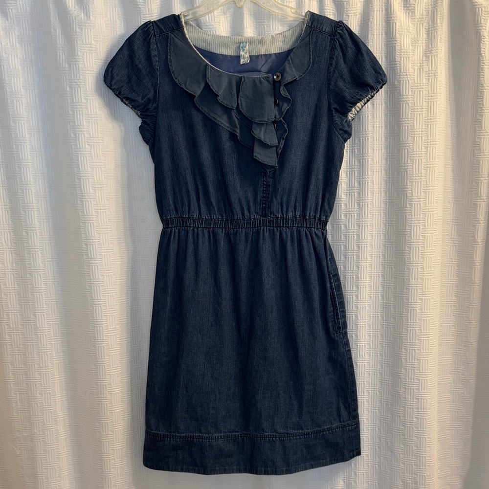 Anthropologie Denim Midi Dress with Ruffle Detail, Pockets